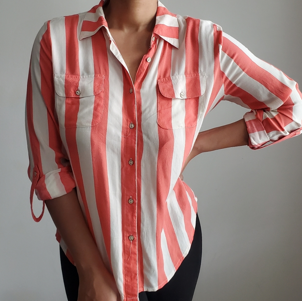 Orange & Tan Striped Button Down Shirt